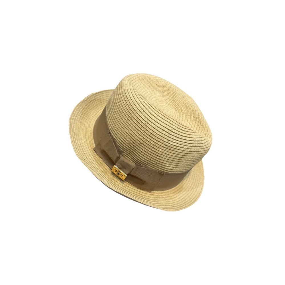 Tory Burch Classic Grosgrain Fedora Hat Natural Paper Straw Bow Gold Logo